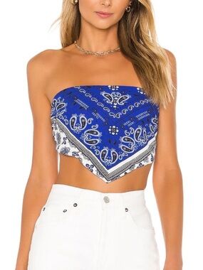 superdown Royal Blue Paisley Bandana Tie Back Strapless Top Size S Festival